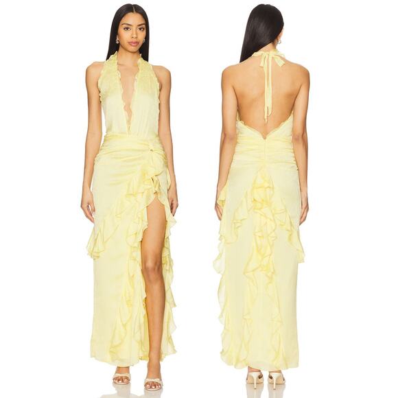 NBD Celenia Maxi Dress Halter Ruched Ruffle Formal Prom Party Fairy Romantic XXS